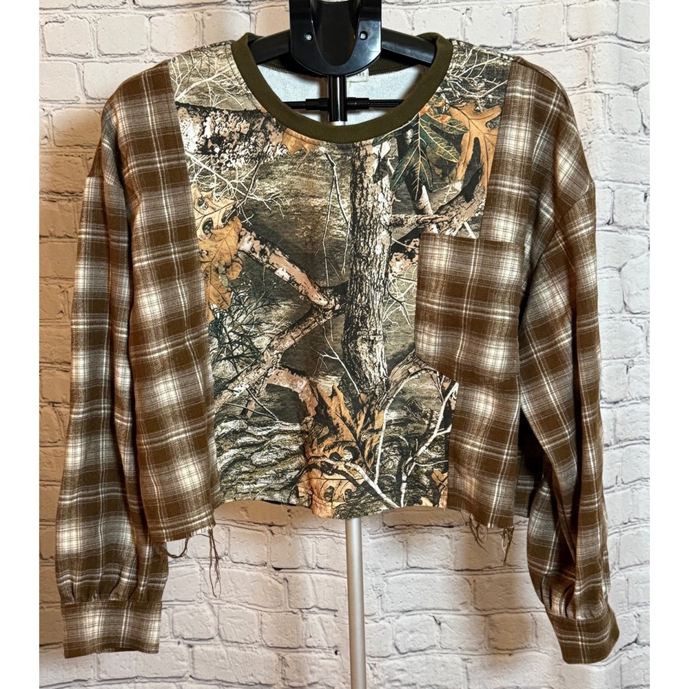 Gilded Intent Camo Plaid Mixed Media Cropped Top Brown Green Large L